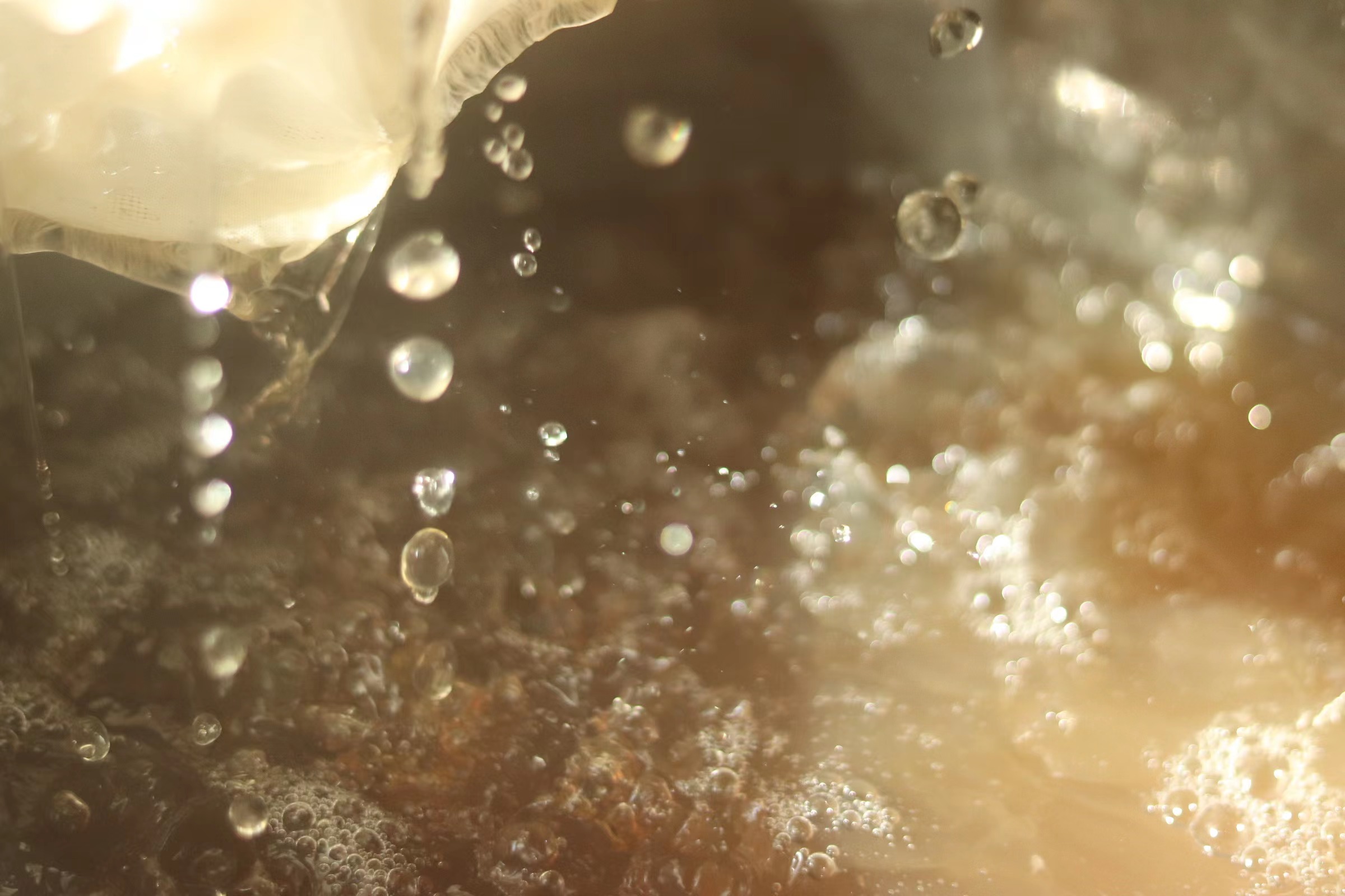 Warm light catches bubbles rising through liquid during the dye-making process.